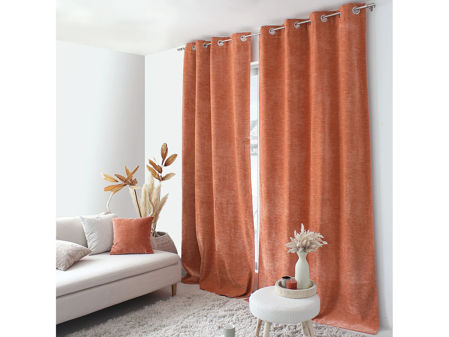 Lot de 2 Rideaux Thermique avec Œillets, Orange Cuivre, Grande Hauteur, 140x260cm, Velours, Collection Velvet