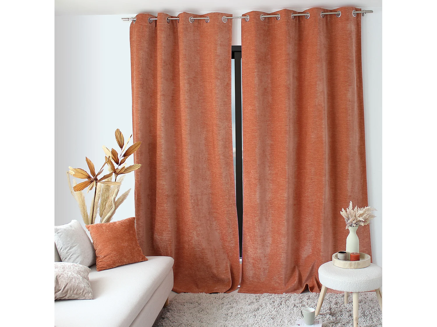 Lot de 2 Rideaux Thermique avec Œillets, Grande Hauteur, 140x260cm, Velours, Collection Velvet, CMADECO - Orange