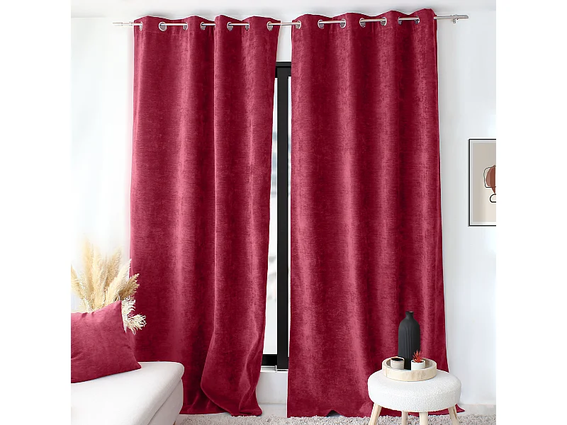 Lot de 2 Rideaux Thermique avec Œillets, Rouge Grenat, Grande Hauteur, 140x260cm, Velours, Collection Velvet
