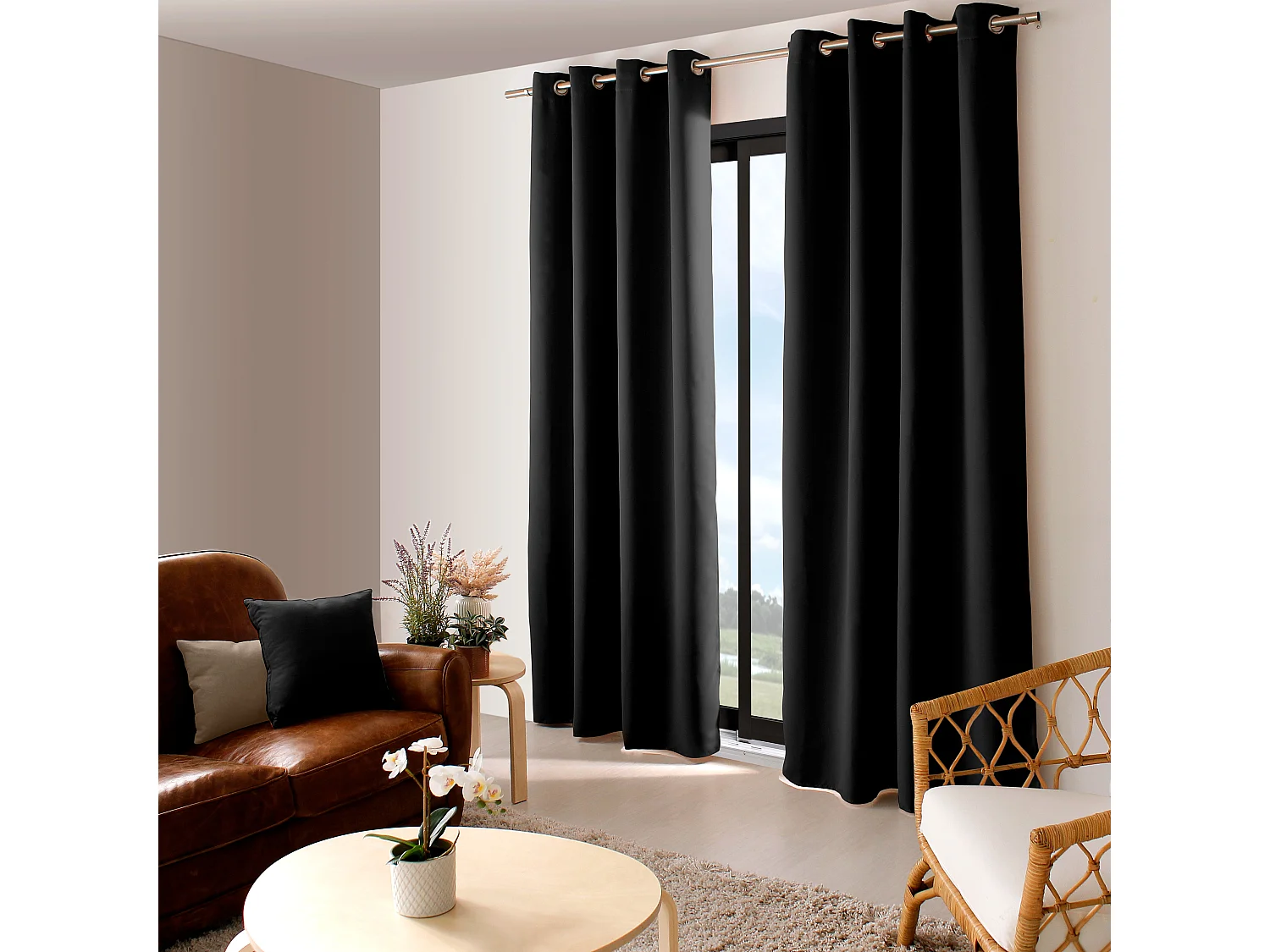 2 rideaux occultant à œillets, noir, 140x240cm, 100% polyester, collection Réglisse