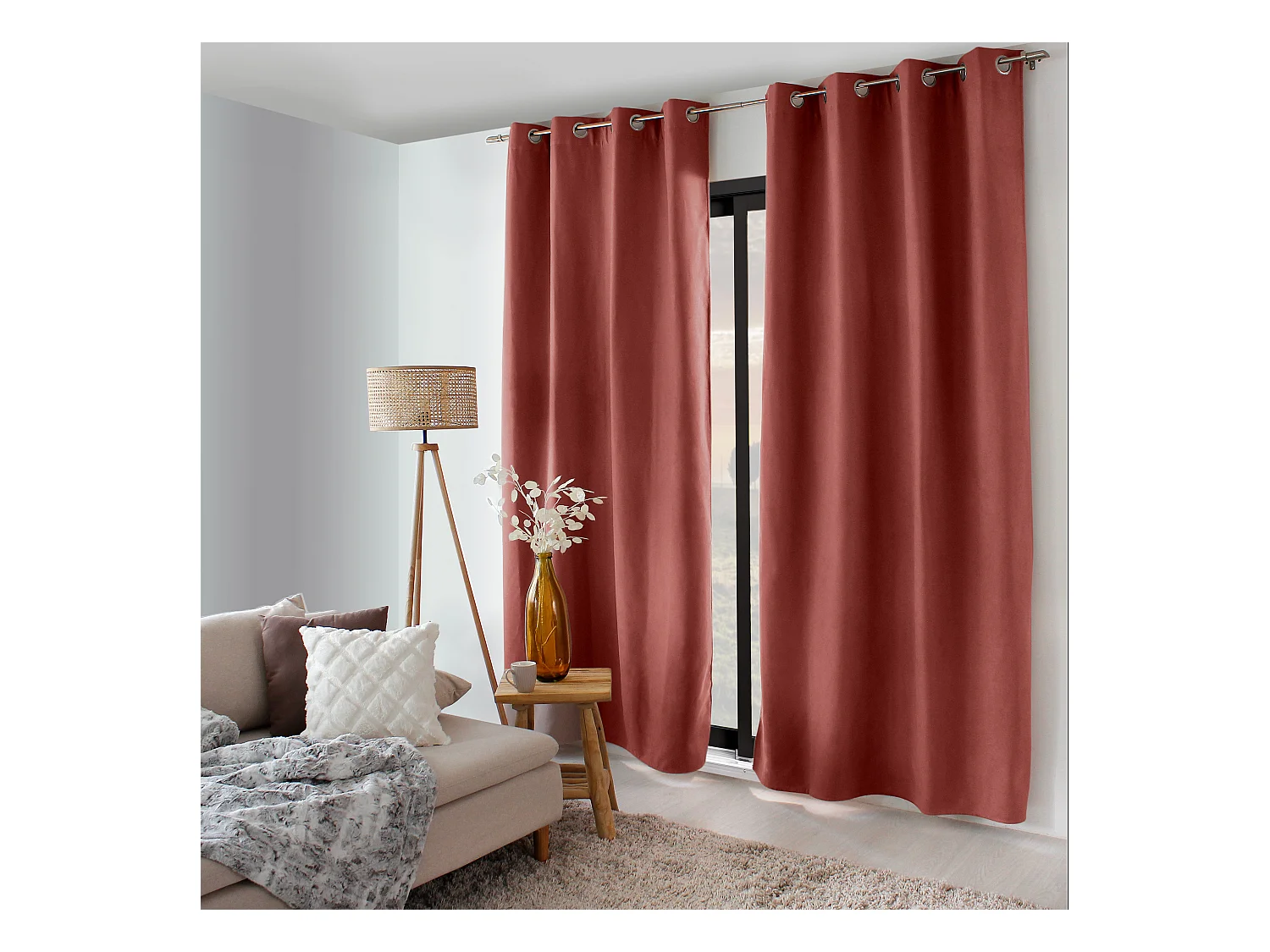 2 rideaux thermique à œillets, terre cuite, 135x240cm, doublure polaire, collection Nordica