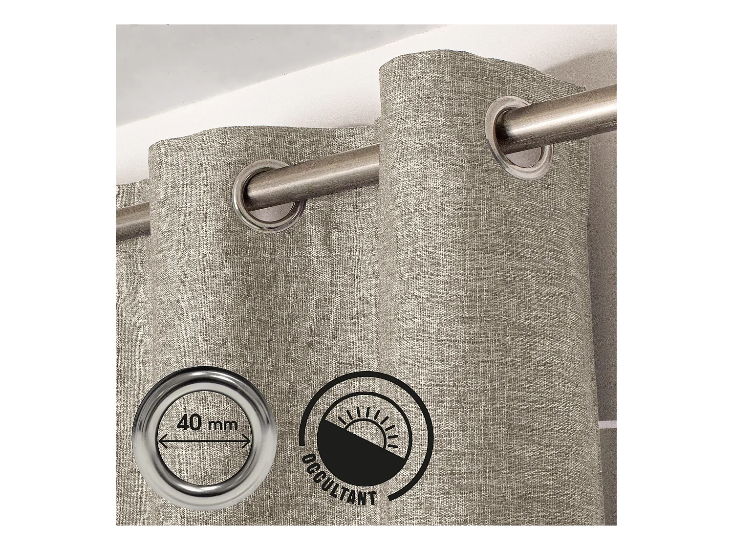 Lot de 2 rideaux à oeillets,  obscurcissant, 140x240 cm, beige naturel chiné, collection Natté