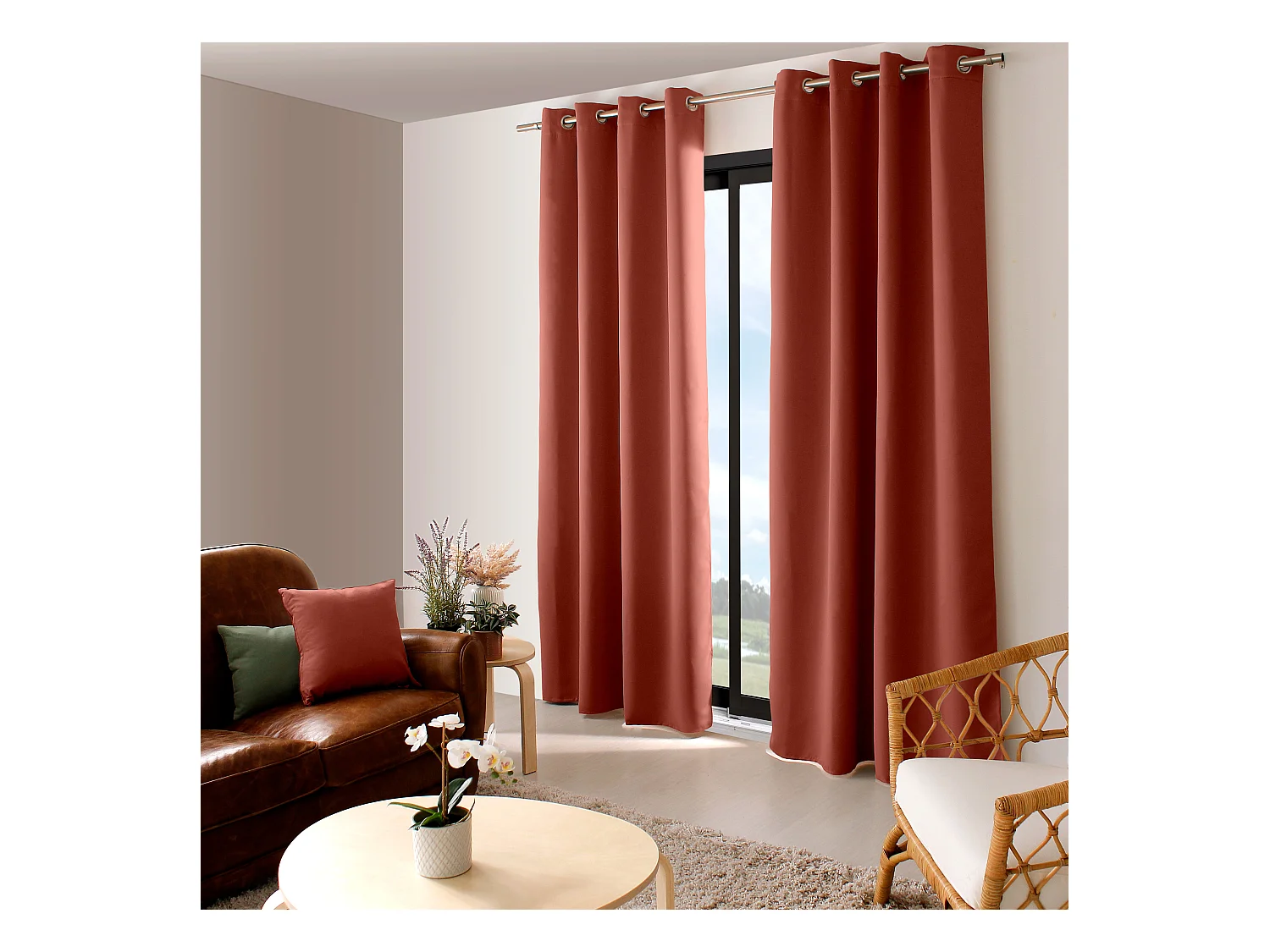 2 rideaux occultant à œillets, terre cuite, 140x240cm, 100% polyester, collection Réglisse