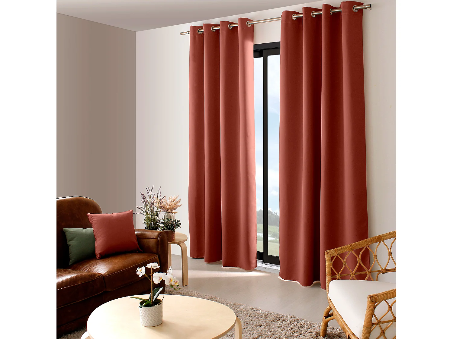 Lot de 2 Rideaux Occultant avec Œillets, Terre Cuite, 140x240cm, 100% polyester, Collection Réglisse, CMADECO - Rouge