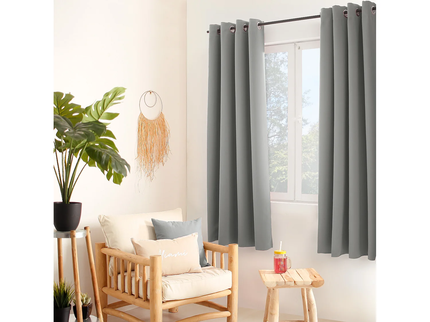 Set van 2 verduisterende gordijnen met zeilringen, grijs, 140x180cm, 100% polyester, Reglisse collectie