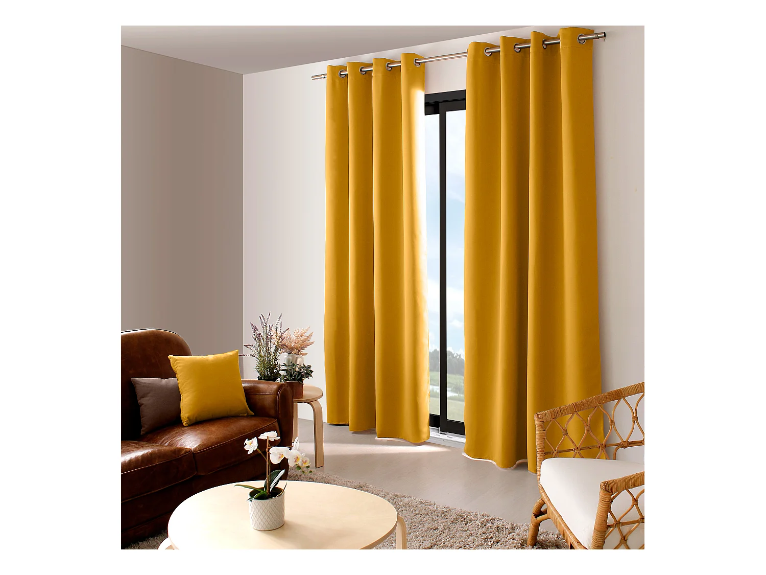 2 rideaux occultant à œillets, jaune moutarde, 140x240cm, 100% polyester, collection Réglisse