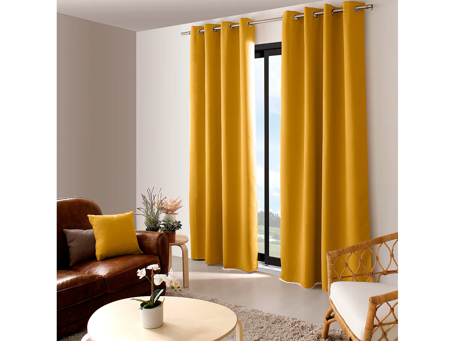 Lot de 2 Rideaux Occultant avec Œillets, Jaune Moutarde, 140x240cm, 100% polyester, Collection Réglisse, CMADECO - Jaune
