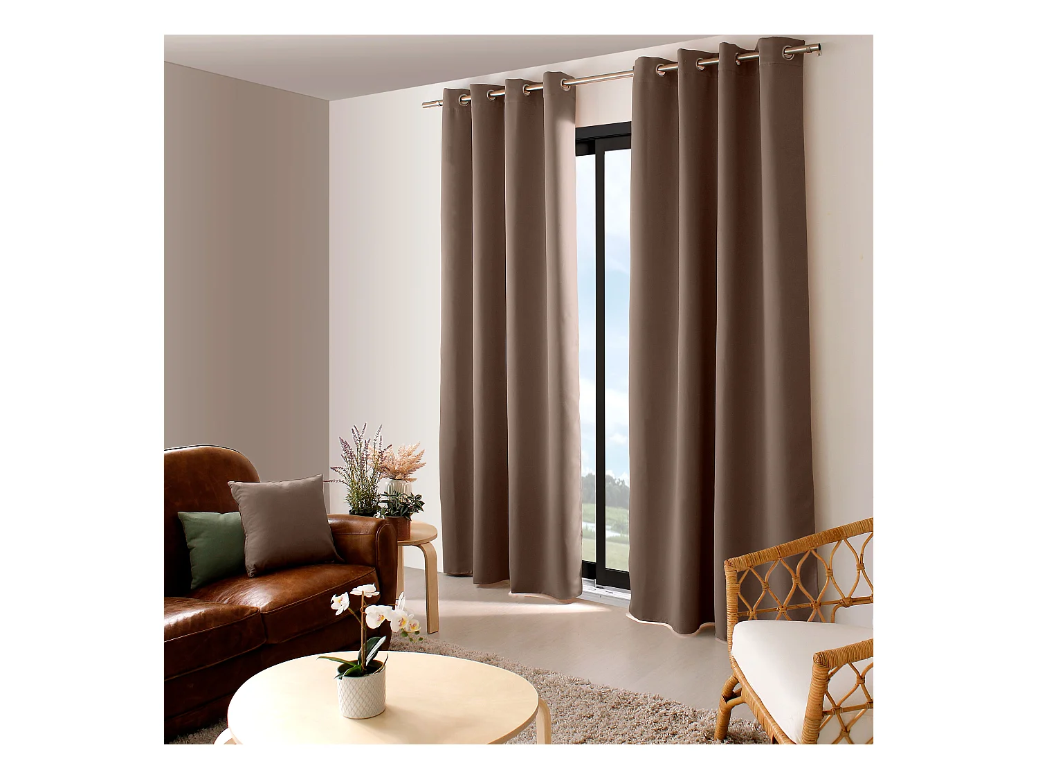 2 rideaux occultant à œillets, marron vison, 140x240cm, 100% polyester, collection Réglisse