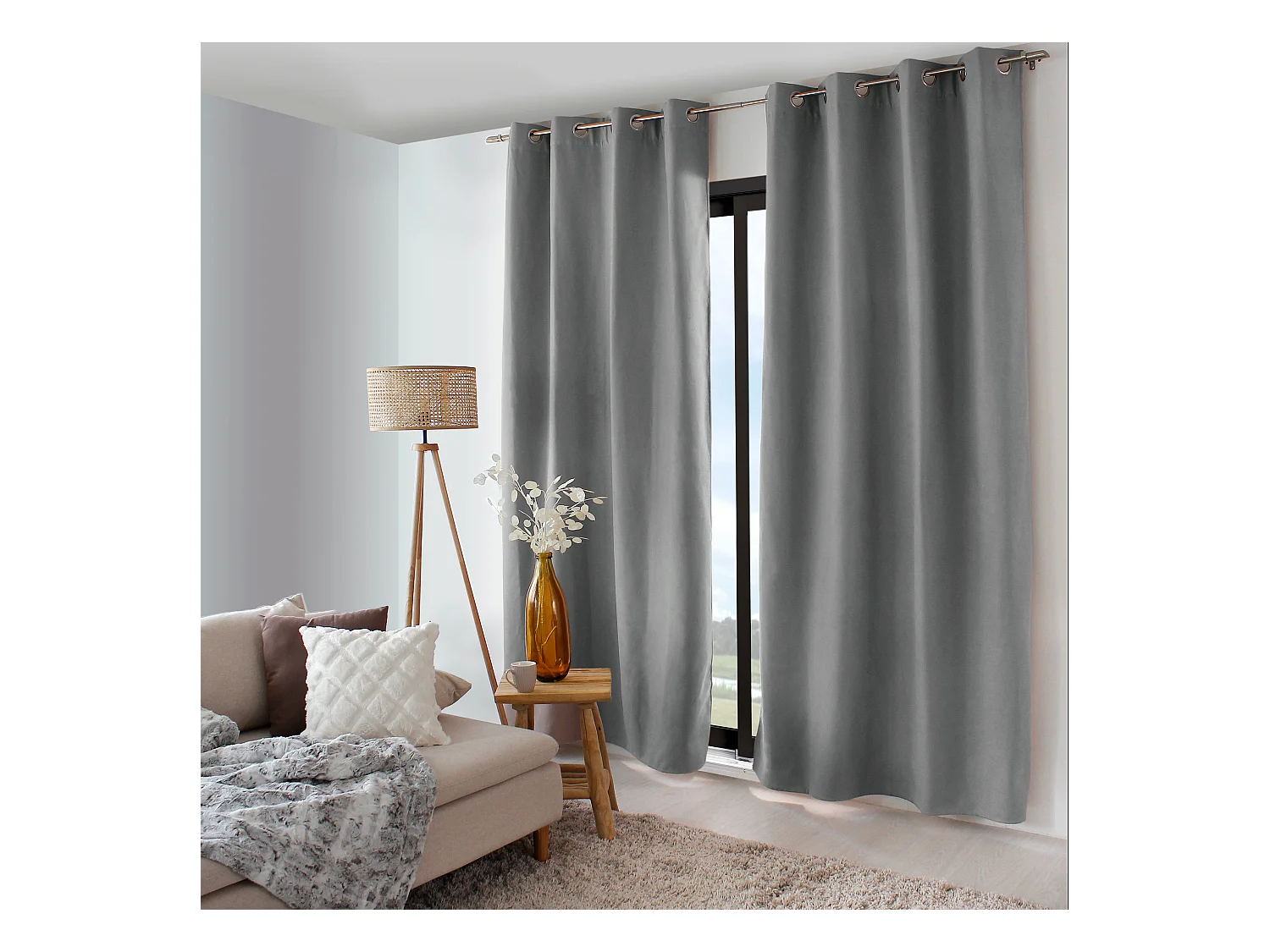 2 rideaux thermique à œillets, gris béton, 135x240cm, doublure polaire, collection Nordica
