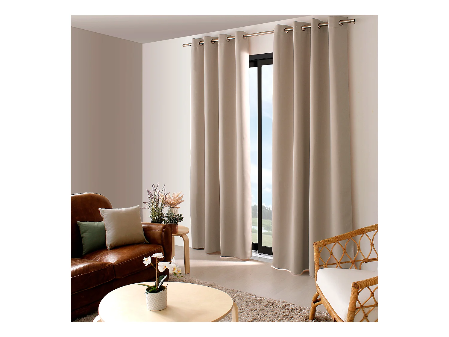 Set van 2 verduisterende gordijnen met doorvoertules, naturel beige, 140x280cm, 100% polyester, Réglisse Collectie