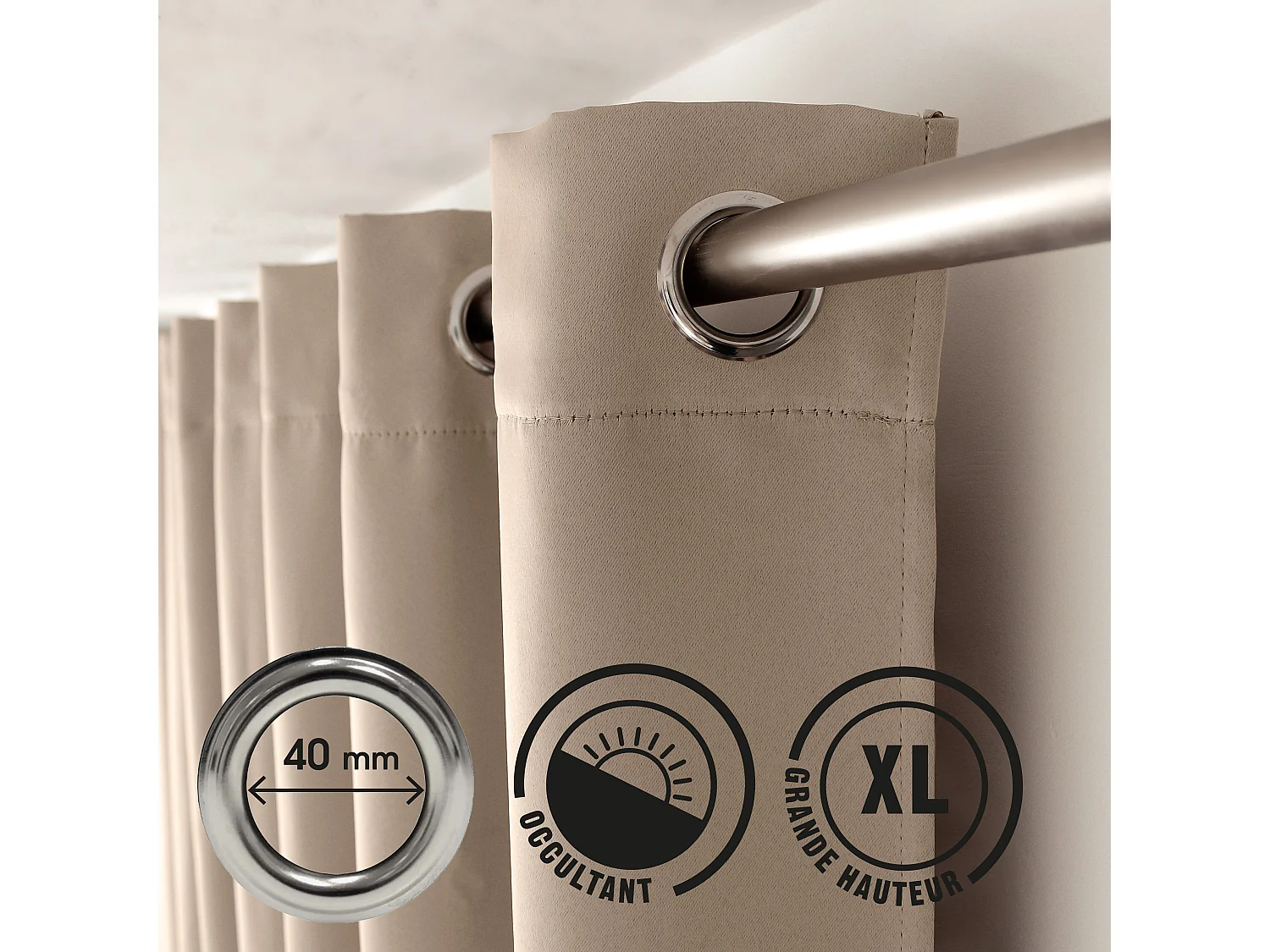 Lot de 2 Rideaux Occultant avec Œillets, Beige Naturel, 140x280cm, 100% polyester, Collection Réglisse