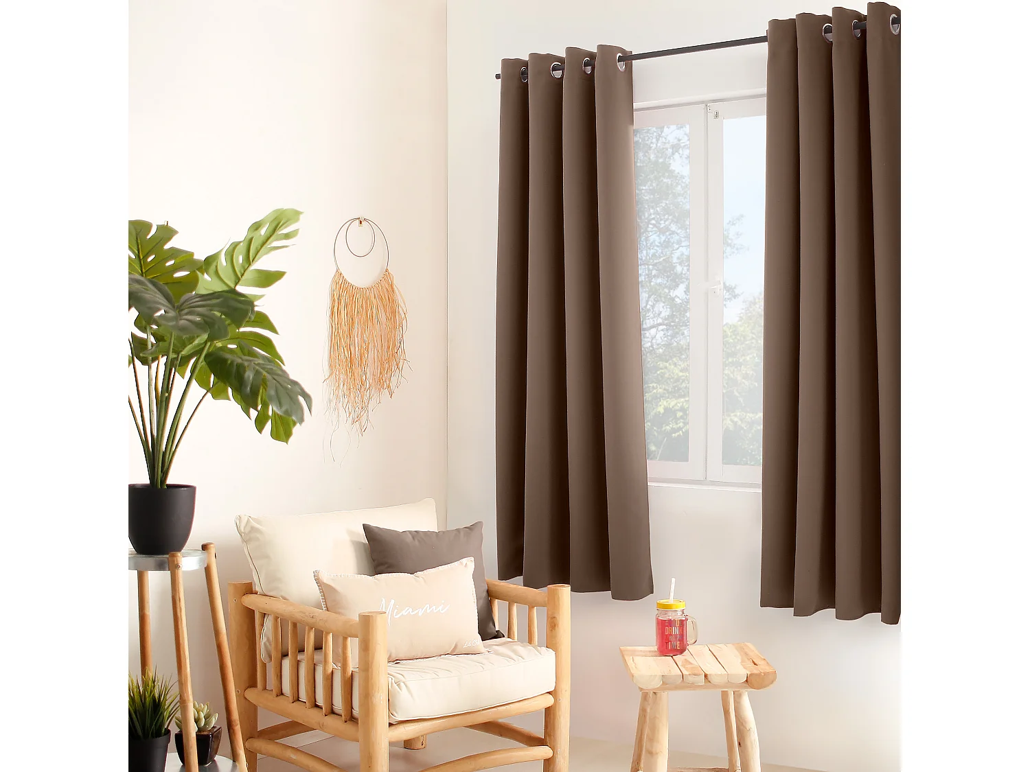 Set van 2 verduisterende gordijnen met zeilringen, nertsbruin, 140x180cm, 100% polyester, Reglisse collectie