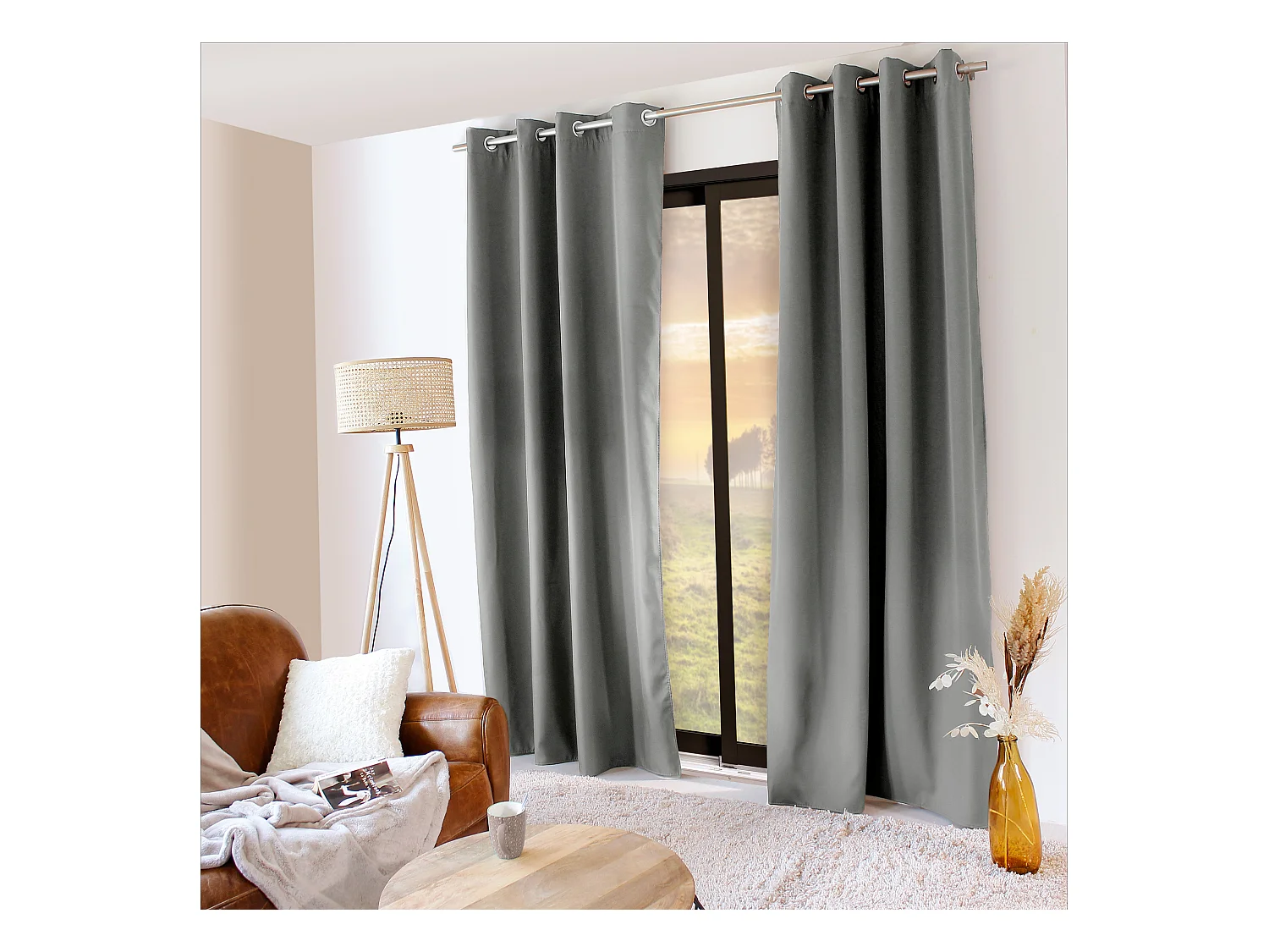 Lot de 2 rideaux thermique avec oeillets, gris, 135x240cm, collection Glacier