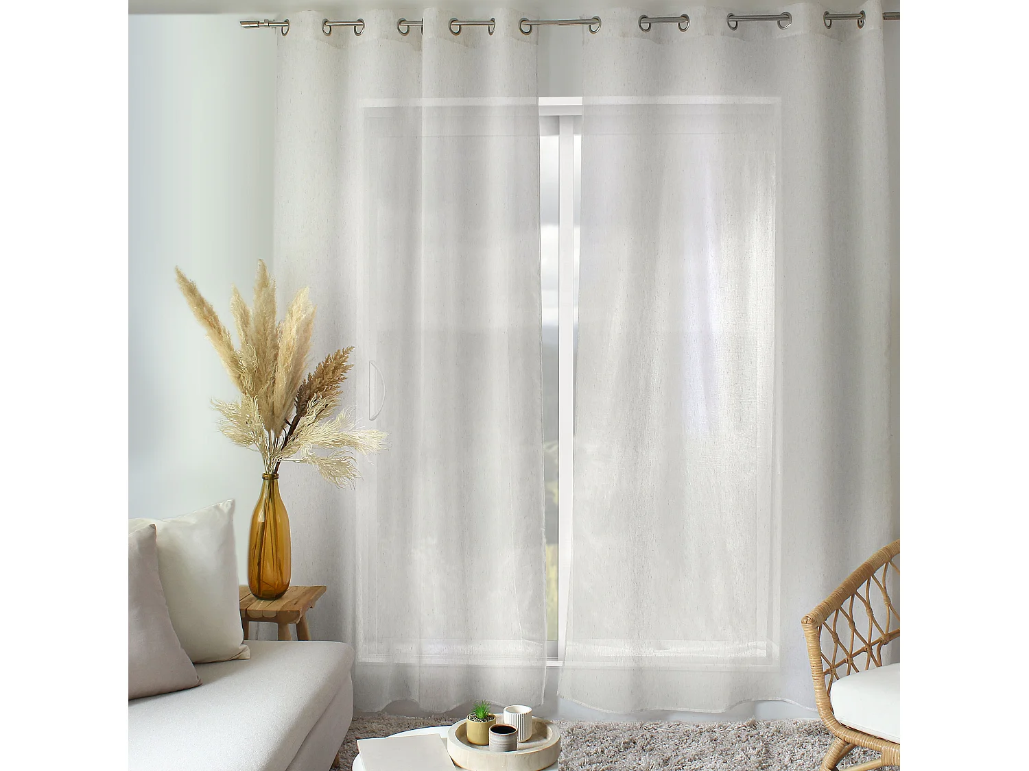 2 Voilages à œillets, 140x240cm, blanc, 15% de in, collection Louna