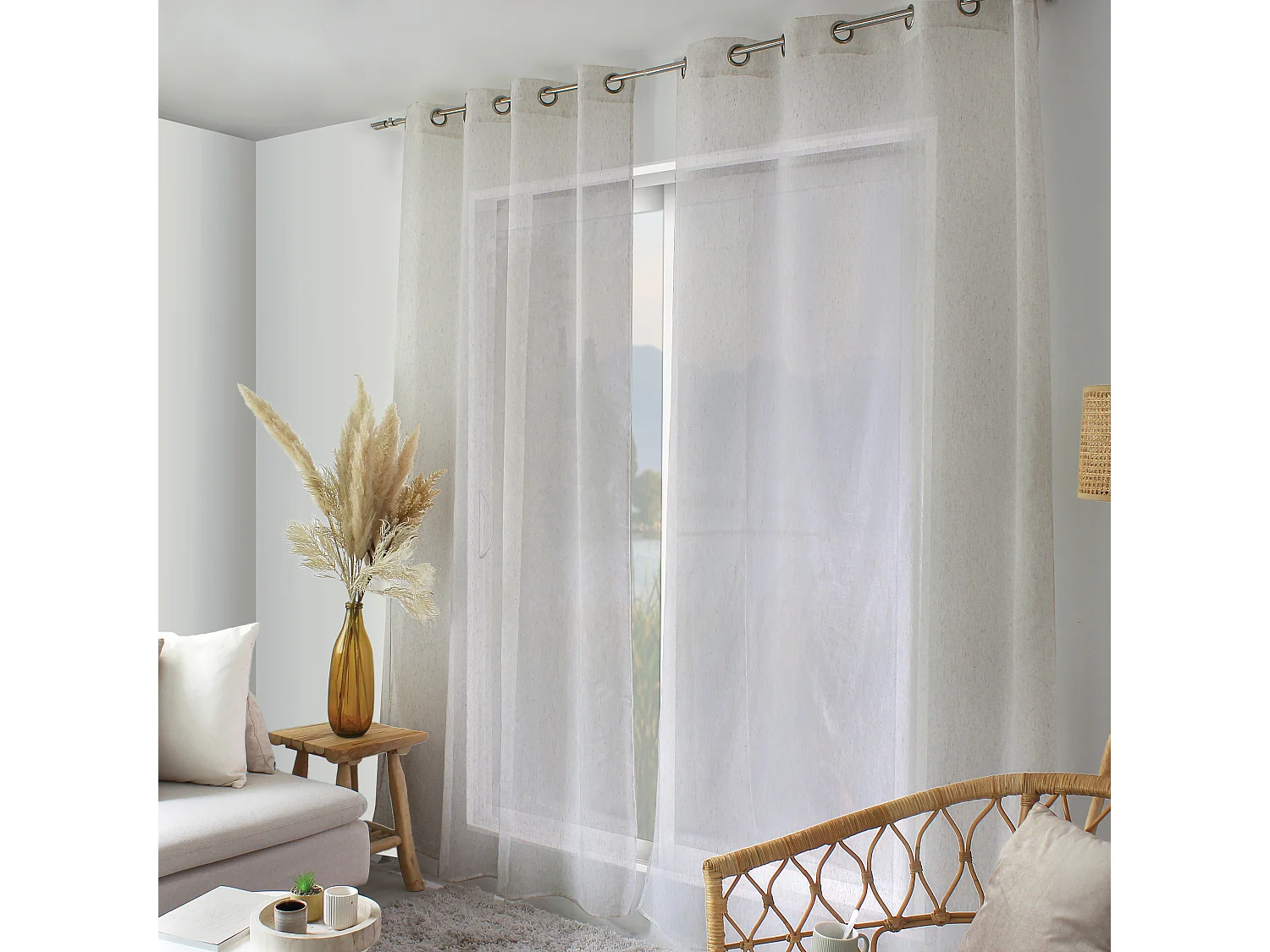 LOT de 2 Voilages à œillets, 140x240cm, Lin, Collection Louna, CMADECO - Blanc