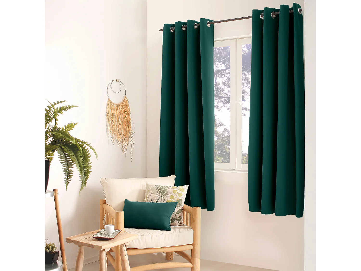 Set van 2 verduisterende gordijnen met zeilringen, donkergroen, 140x180cm, 100% polyester, Reglisse collectie