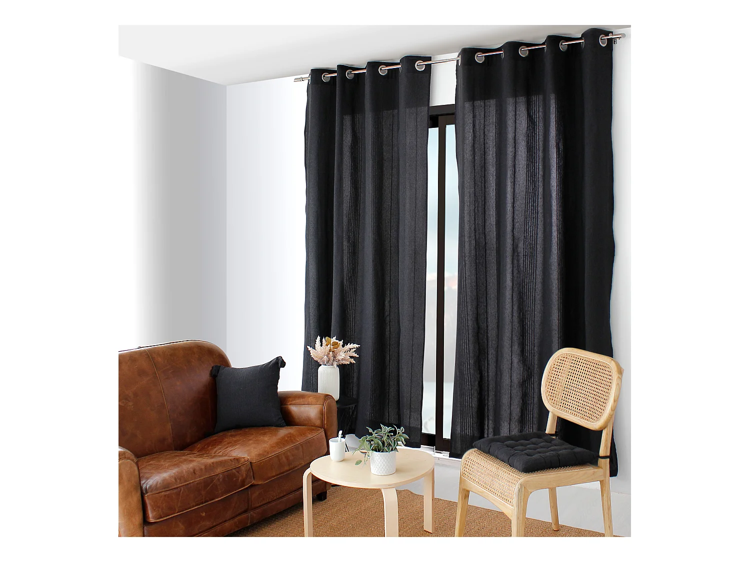 Lot de 2 rideaux à oeillets, 140x240cm, anthracite, coton recyclé, collection Bombay