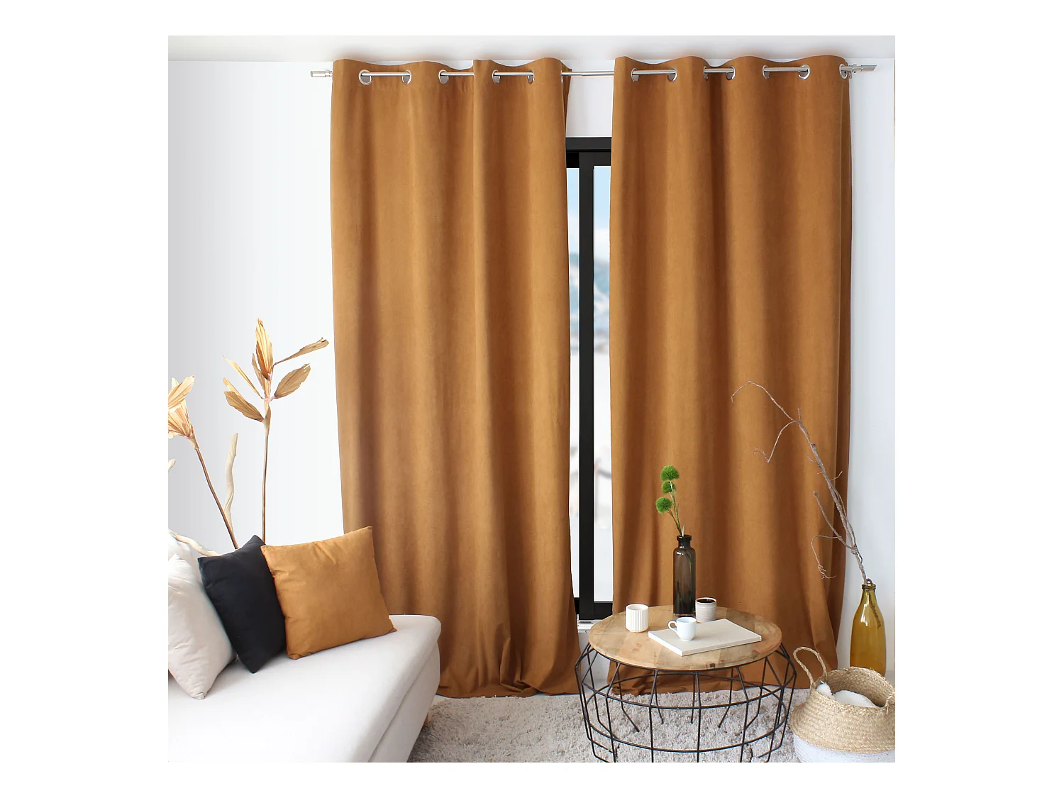 Lot de 2 Rideaux avec Œillets, Marron Café, Grande Hauteur, 140x260cm, Velours Ras, Collection Calin