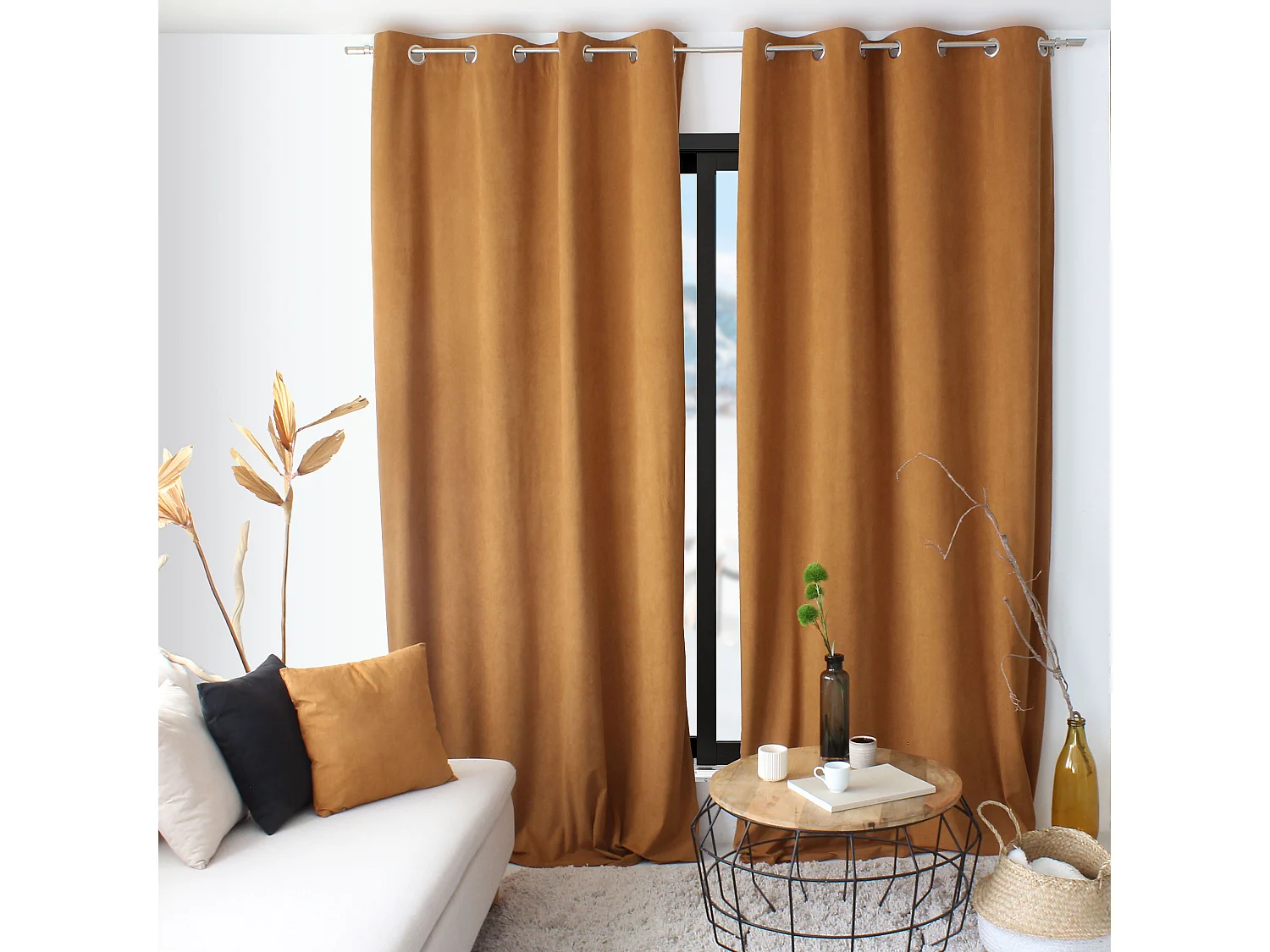 Lot de 2 Rideaux avec Œillets, Grande Hauteur, 140x260cm, Velours Ras, Collection Calin, CMADECO - Orange