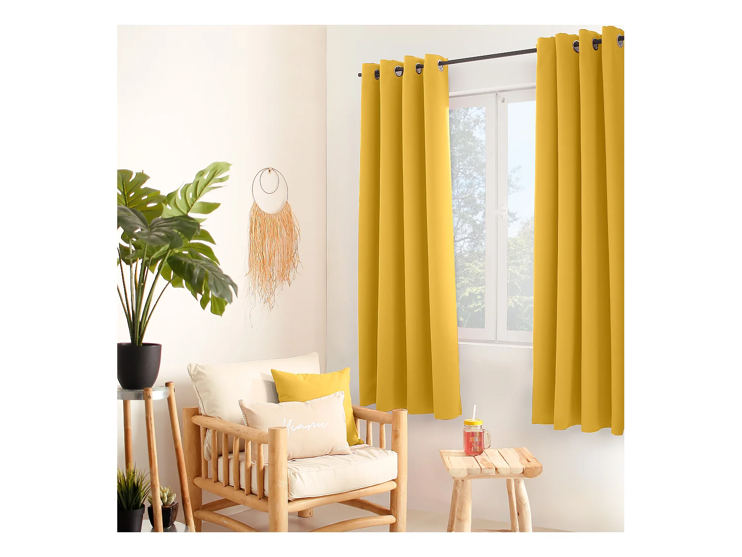 Set van 2 verduisterende gordijnen met zeilringen, geel, 140x180cm, 100% polyester, Reglisse collectie