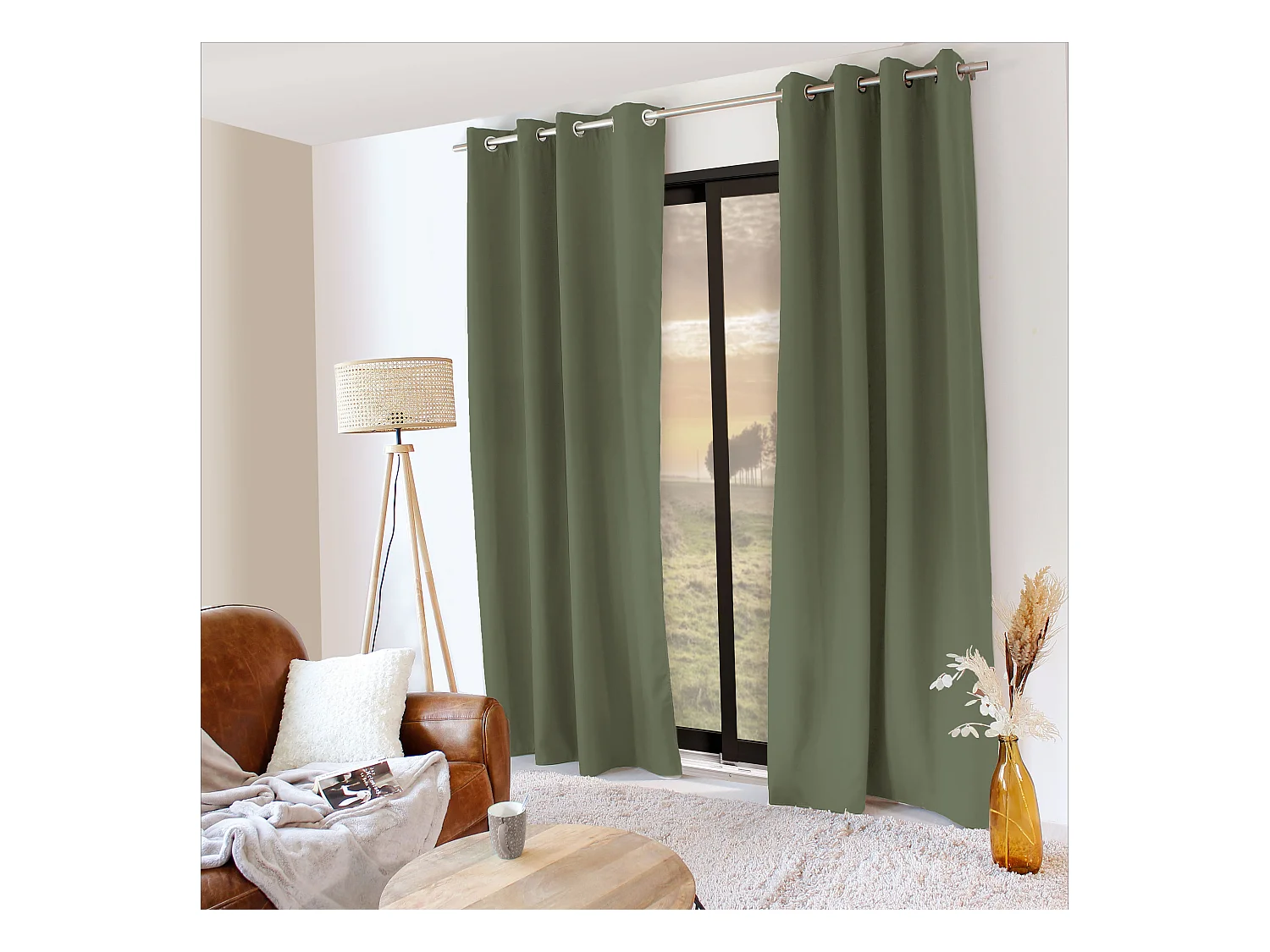 Lot de 2 rideaux thermique avec oeillets, vert gris, 135x240cm, collection Glacier