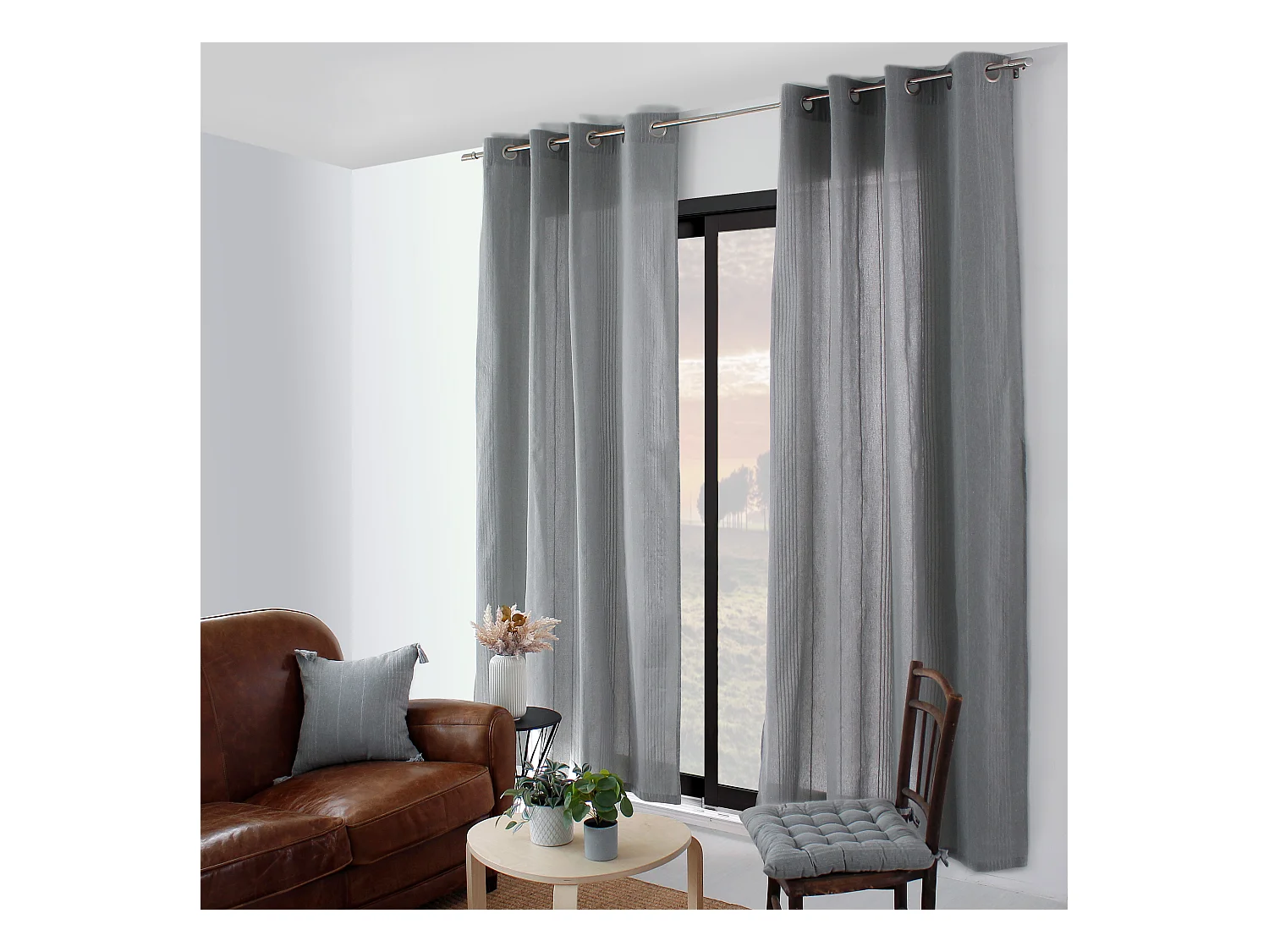 Lot de 2 rideaux à oeillets, 140x240cm, gris, coton recyclé, collection Bombay