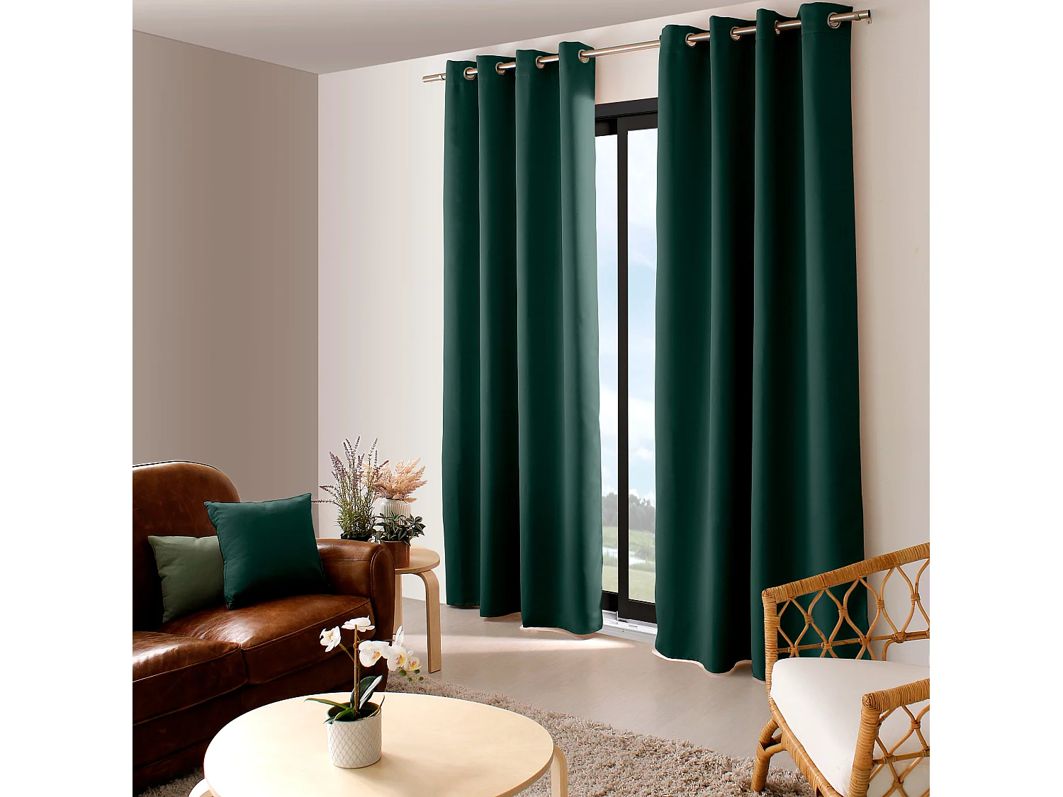 Lot de 2 Rideaux Occultant avec Œillets, Vert Foncé, 140x240cm, 100% polyester, Collection Réglisse, CMADECO - Vert