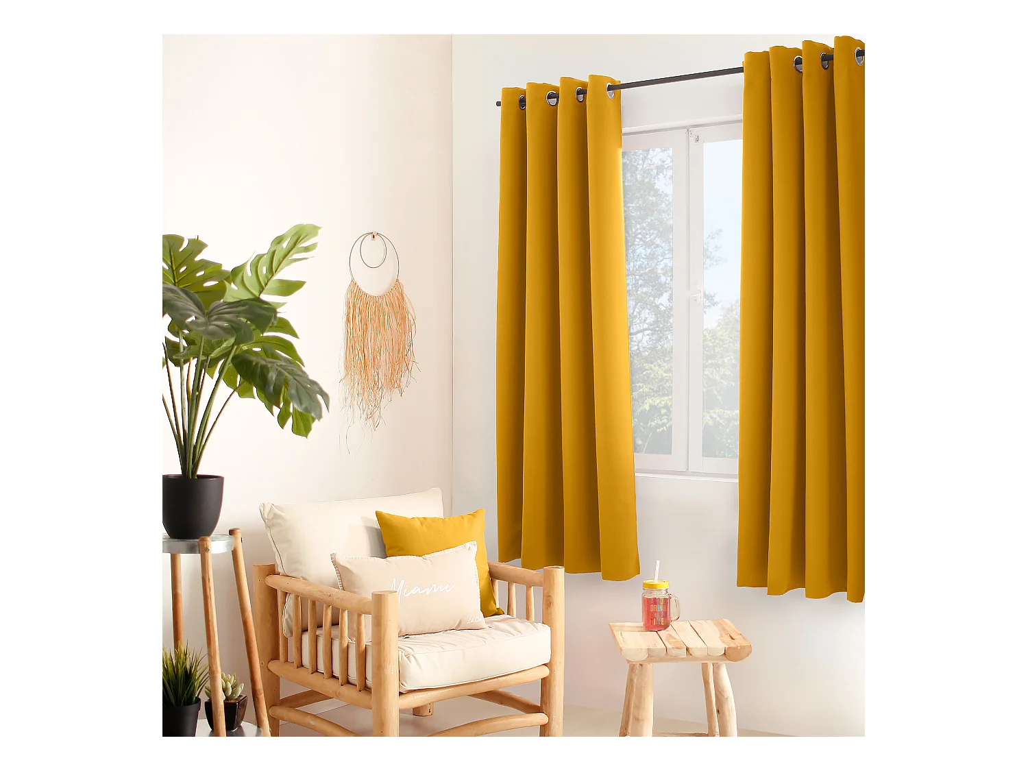 Set van 2 verduisterende gordijnen met zeilringen, mosterdgeel, 140x180cm, 100% polyester, Reglisse collectie