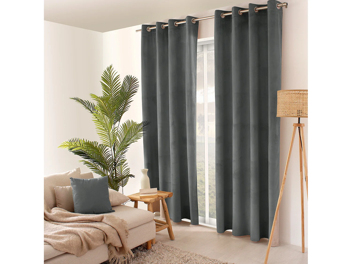 Lot de 2 rideaux avec oeillets, 140x240cm, gris, velours, collection Nounours