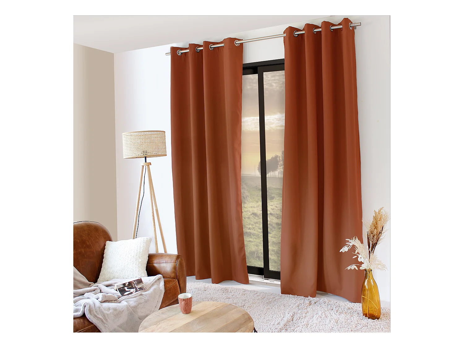 Lot de 2 rideaux thermique avec oeillets, terre cuite, 135x240cm, collection Glacier