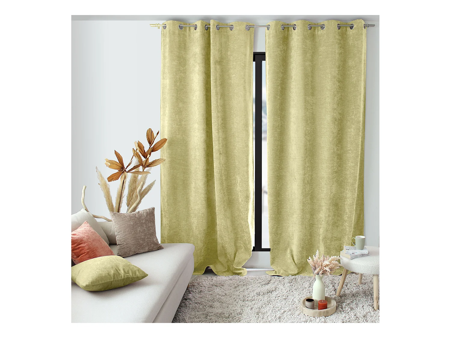 Lot de 2 Rideaux Thermique avec Œillets, Vert Tilleul, Grande Hauteur, 140x260cm, Velours, Collection Velvet