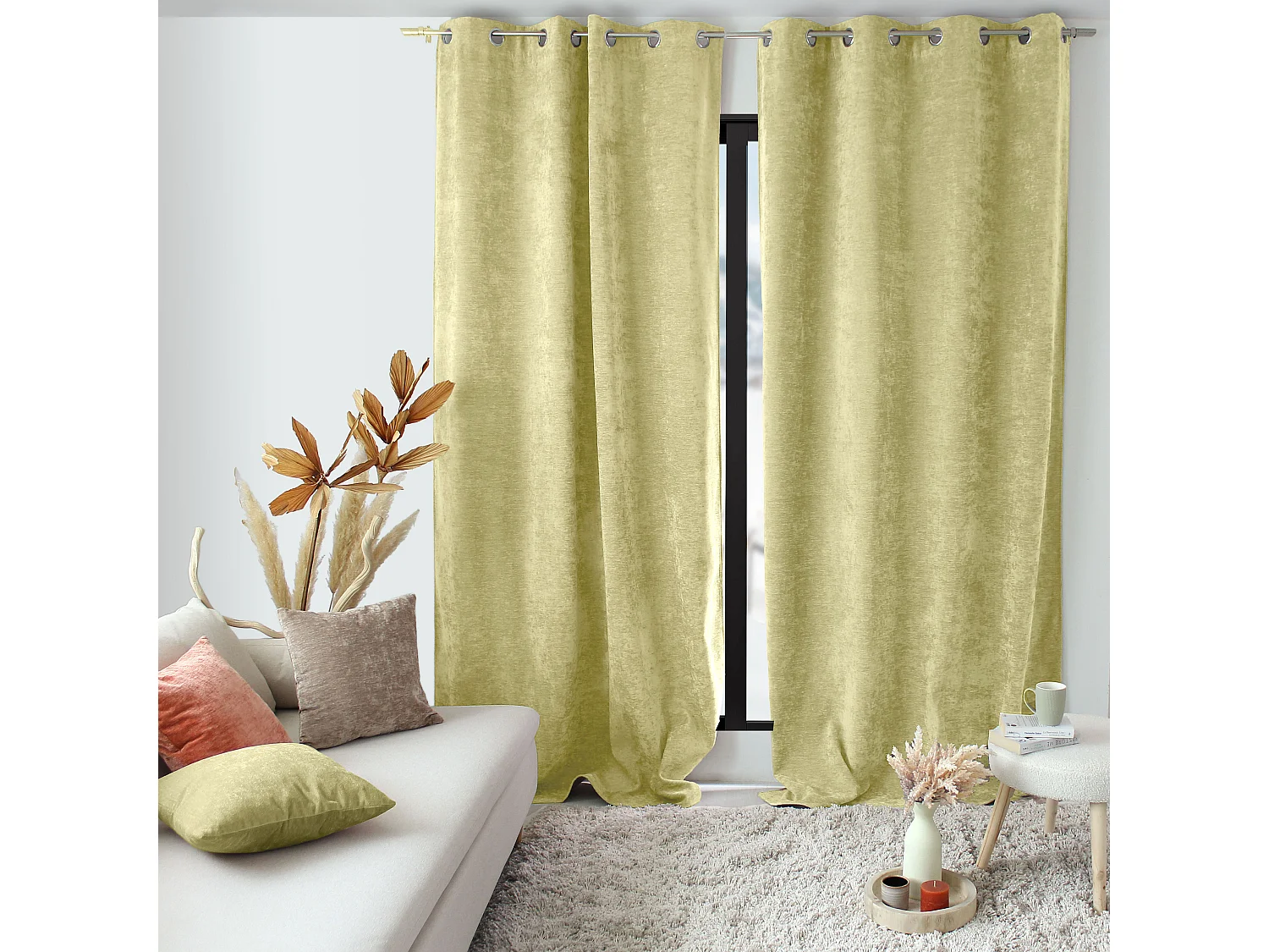 Lot de 2 Rideaux Thermique avec Œillets, Vert Tilleul, Grande Hauteur, 140x260cm, Velours, Collection Velvet