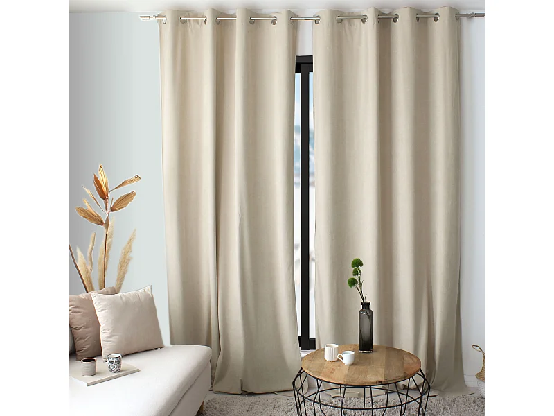 Lot de 2 Rideaux avec Œillets, Ecru, Grande Hauteur, 140x260cm, Velours Ras, Collection Calin