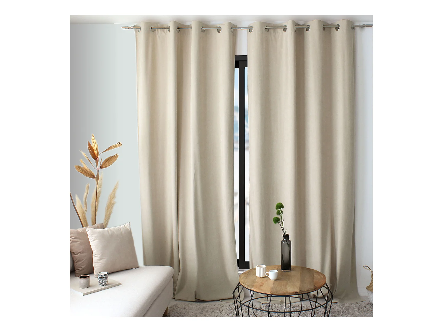 Lot de 2 Rideaux avec Œillets, Ecru, Grande Hauteur, 140x260cm, Velours Ras, Collection Calin