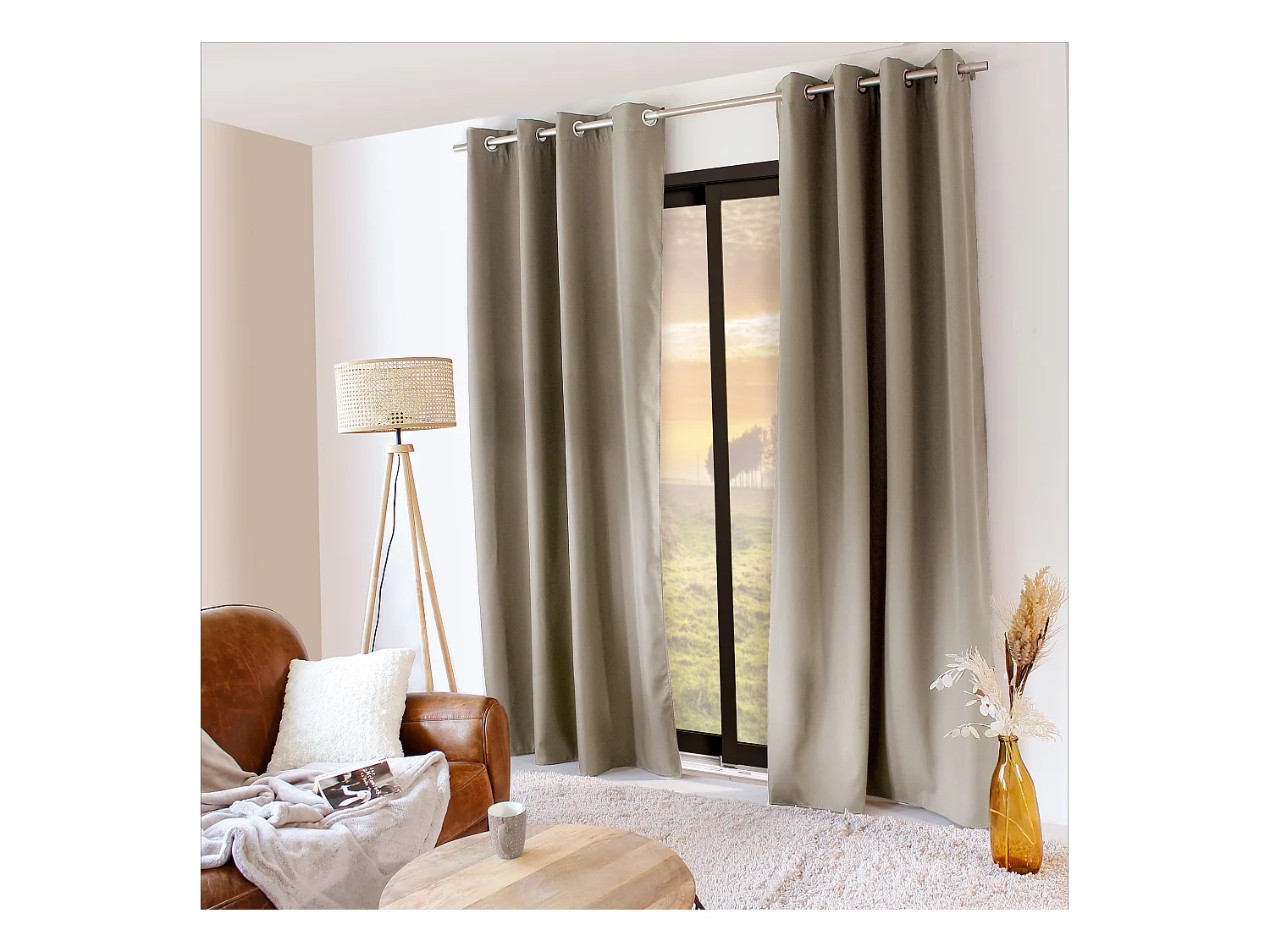 Lot de 2 rideaux thermique avec oeillets, beige naturel, 135x240cm, collection Glacier