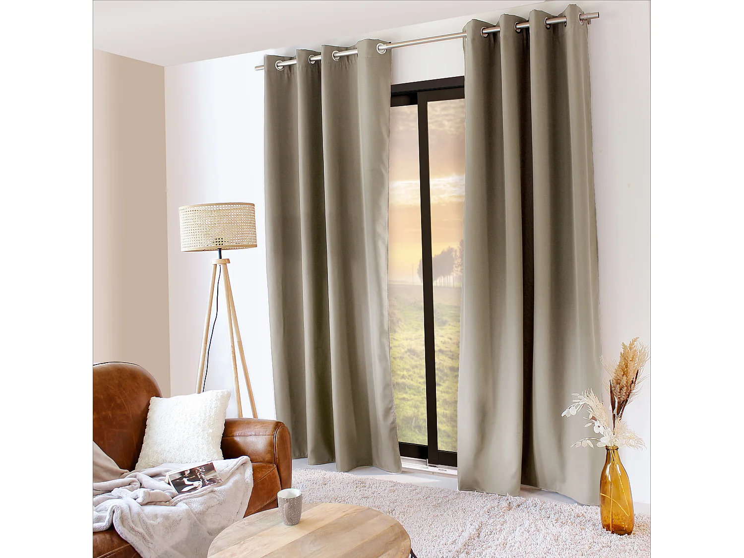 Lot de 2 rideaux thermique avec oeillets, beige naturel, 135x240cm, collection Glacier