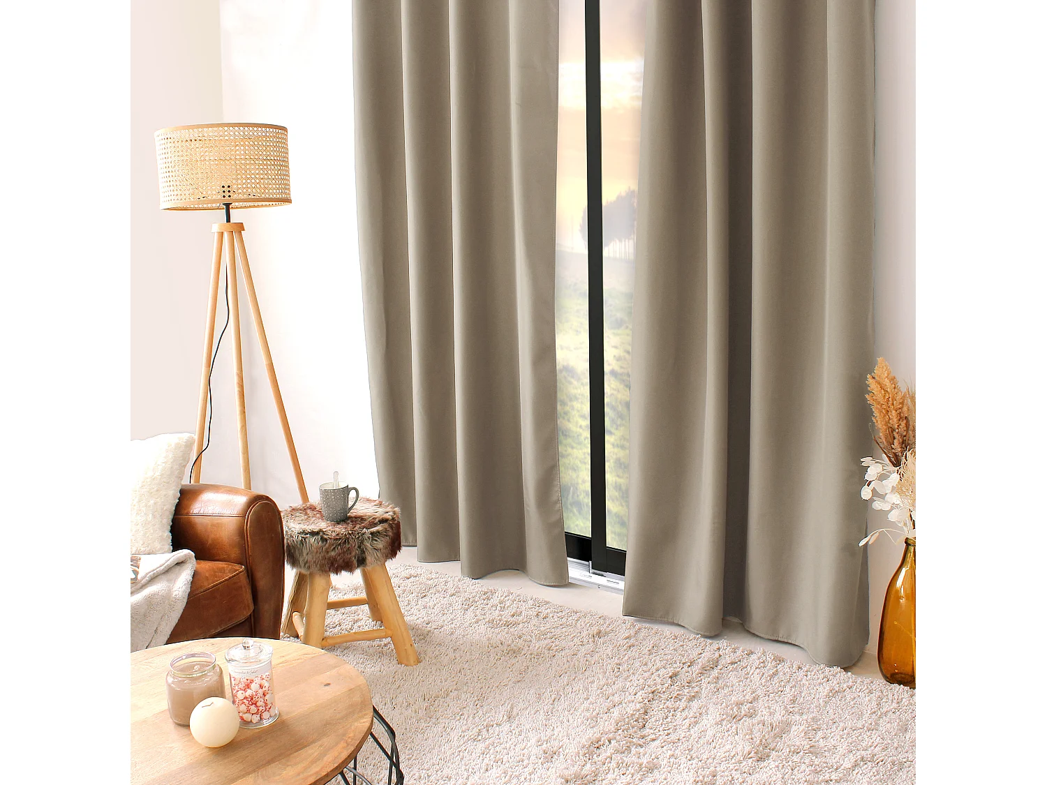 Lot de 2 rideaux thermique avec oeillets, beige naturel, 135x240cm, collection Glacier