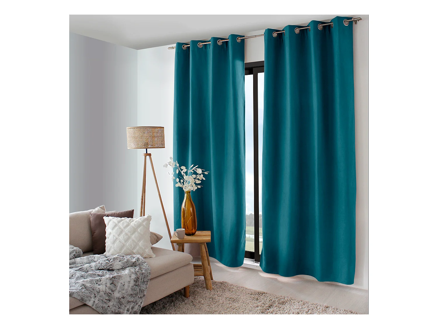 2 rideaux thermique à œillets, bleu canard, 135x240cm, doublure polaire, collection Nordica