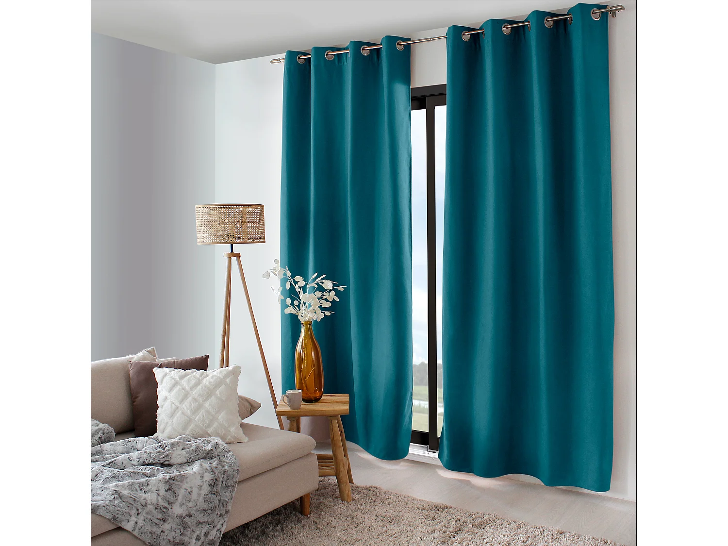 2 thermische gordijnen met zeilringen, eendblauw, 135x240cm, fleece voering, collectie Nordica