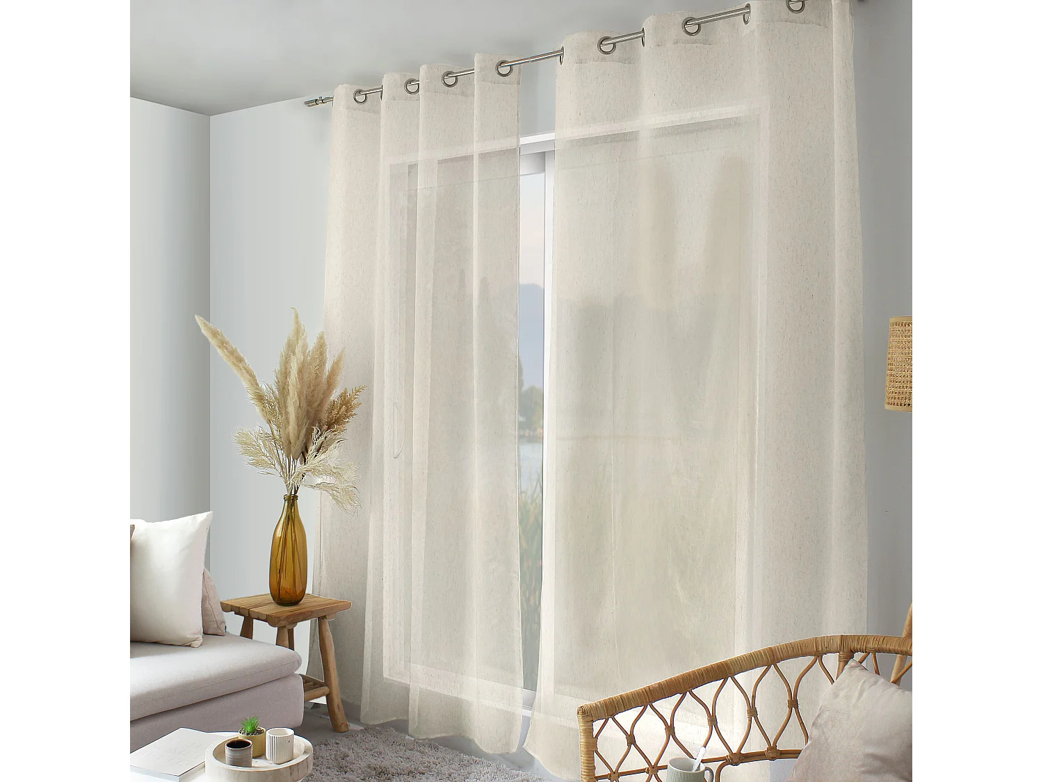 2 Voilages à œillets, 140x240cm, écru, 15% de lin, collection Louna