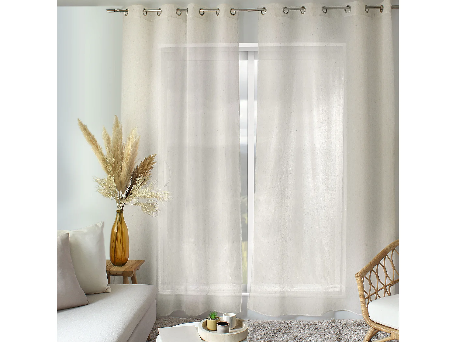 2 Voilages à œillets, 140x240cm, écru, 15% de lin, collection Louna