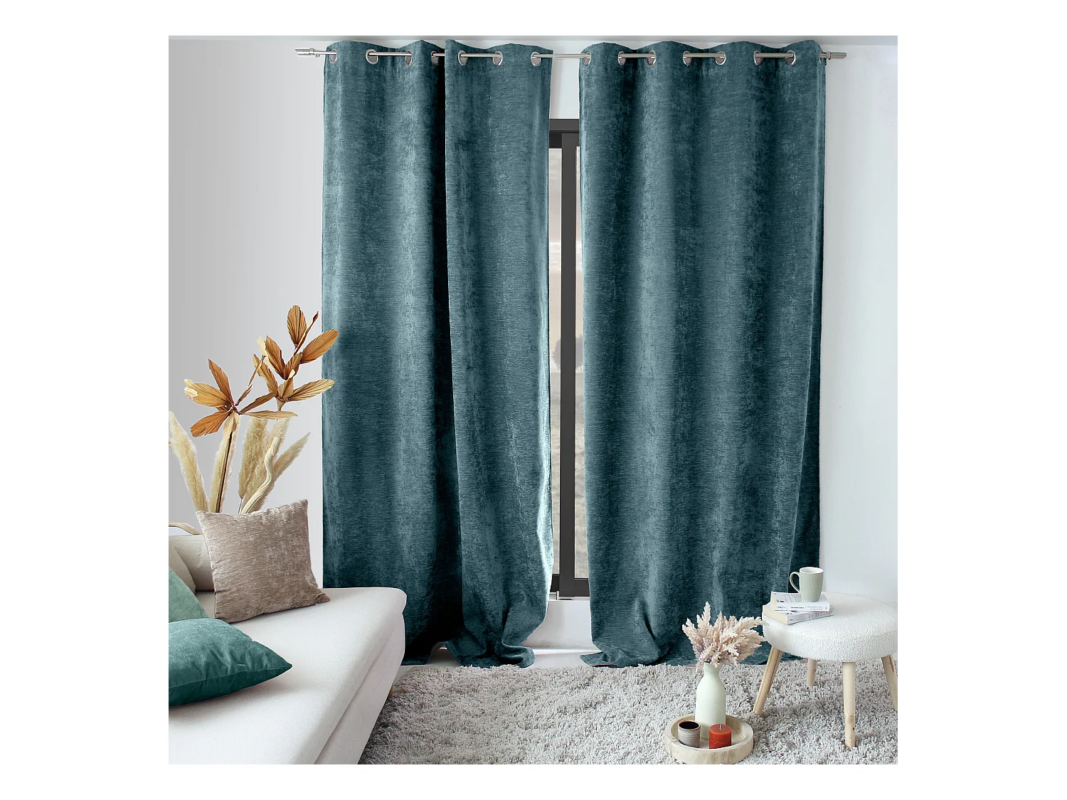 Lot de 2 Rideaux Thermique avec Œillets, Bleu Canard, Grande Hauteur, 140x260cm, Velours, Collection Velvet