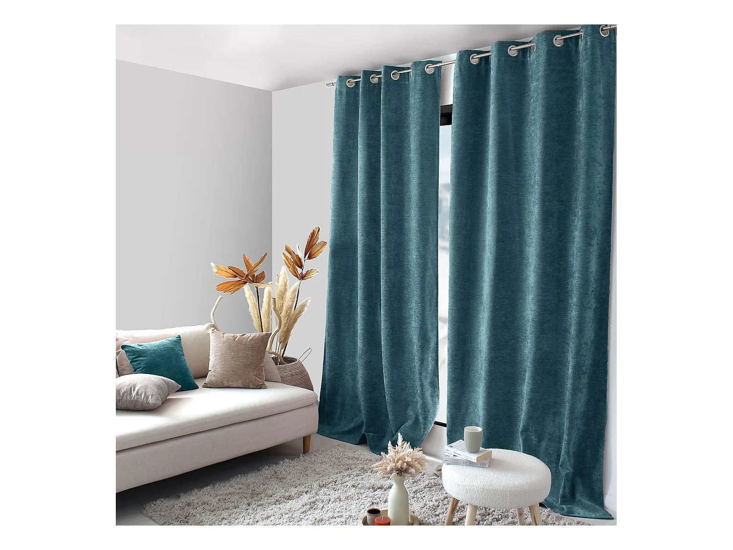 Lot de 2 Rideaux Thermique avec Œillets, Bleu Canard, Grande Hauteur, 140x260cm, Velours, Collection Velvet