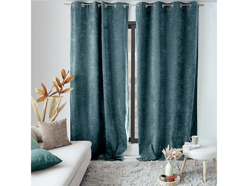 Lot de 2 Rideaux Thermique avec Œillets, Bleu Canard, Grande Hauteur, 140x260cm, Velours, Collection Velvet