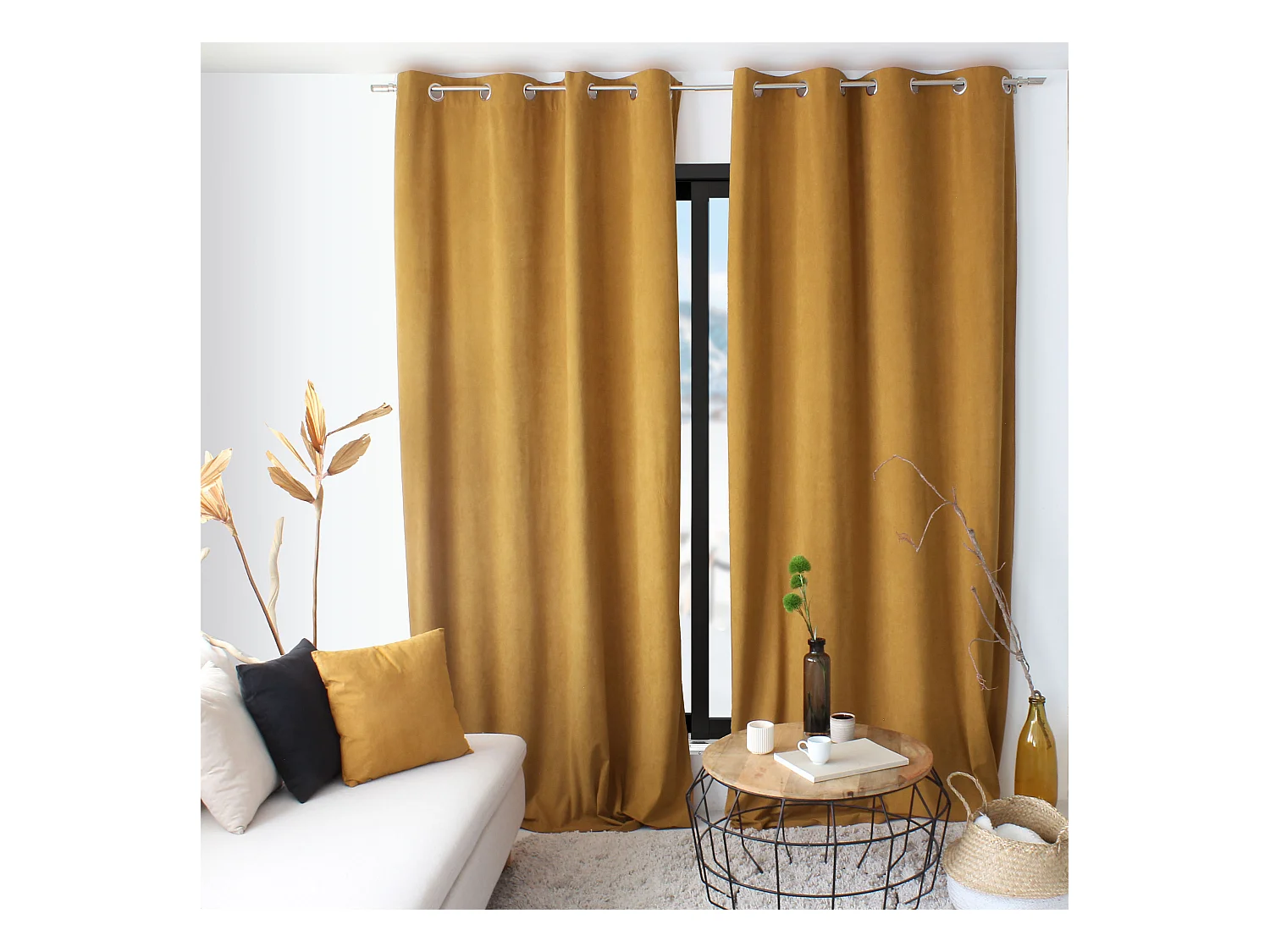 Lot de 2 Rideaux avec Œillets, Jaune Moutarde, Grande Hauteur, 140x260cm, Velours Ras, Collection Calin