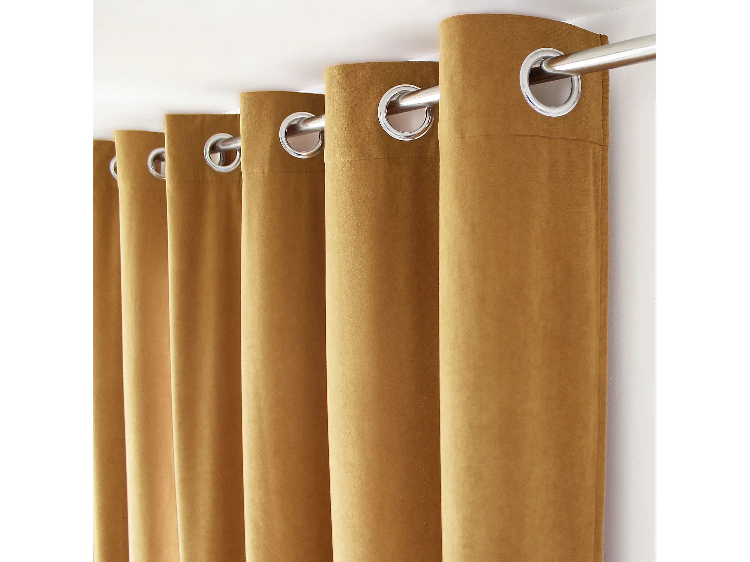 Lot de 2 Rideaux avec Œillets, Jaune Moutarde, Grande Hauteur, 140x260cm, Velours Ras, Collection Calin