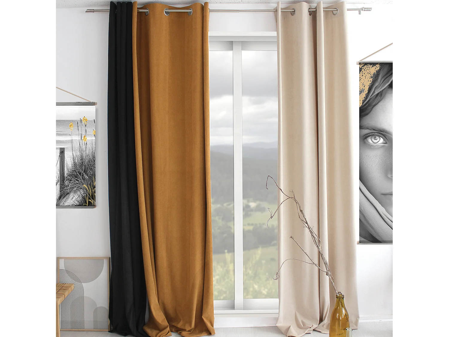 Lot de 2 Rideaux avec Œillets, Jaune Moutarde, Grande Hauteur, 140x260cm, Velours Ras, Collection Calin