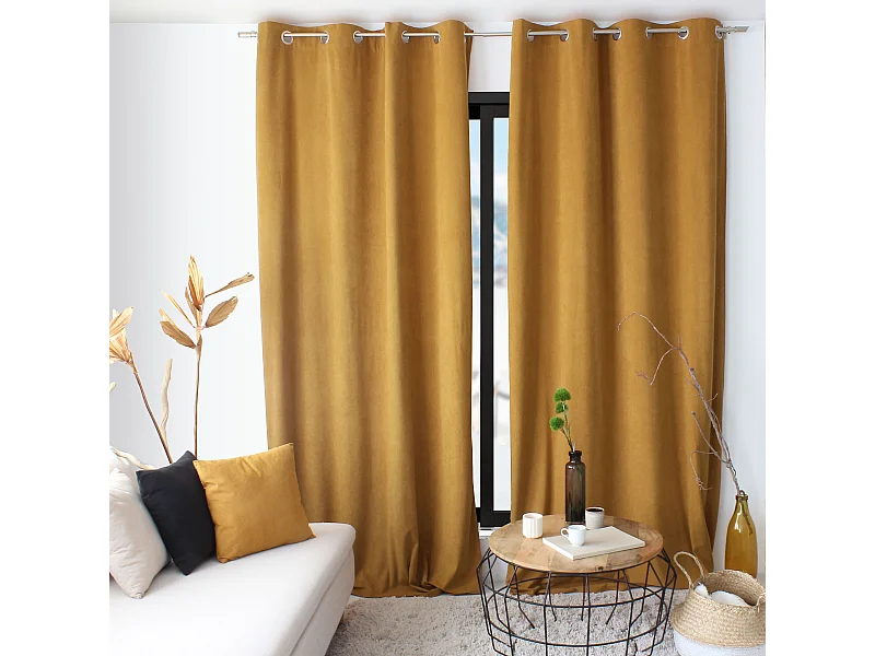 Lot de 2 Rideaux avec Œillets, Jaune Moutarde, Grande Hauteur, 140x260cm, Velours Ras, Collection Calin