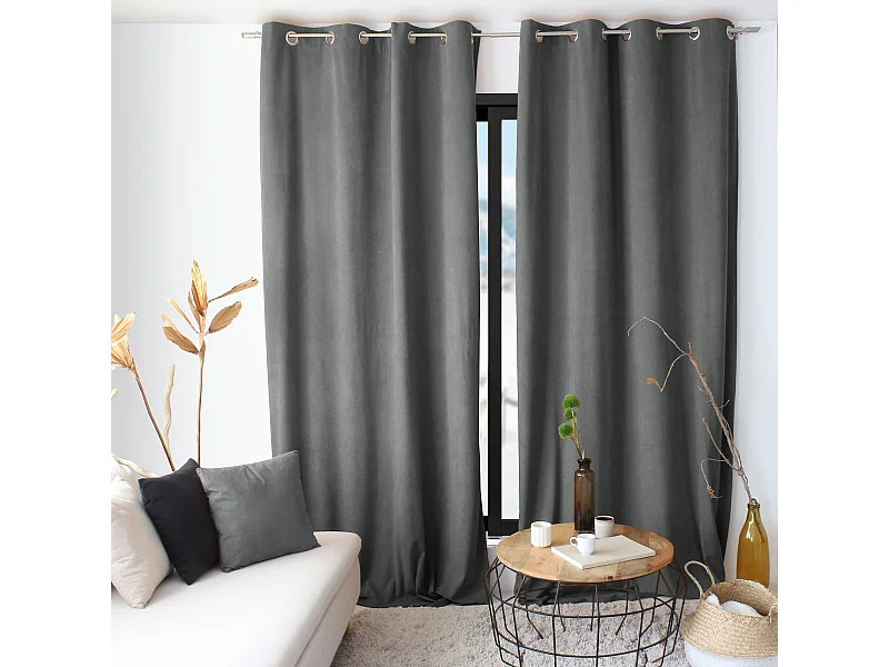 Lot de 2 Rideaux avec Œillets, Gris Foncé, Grande Hauteur, 140x260cm, Velours Ras, Collection Calin