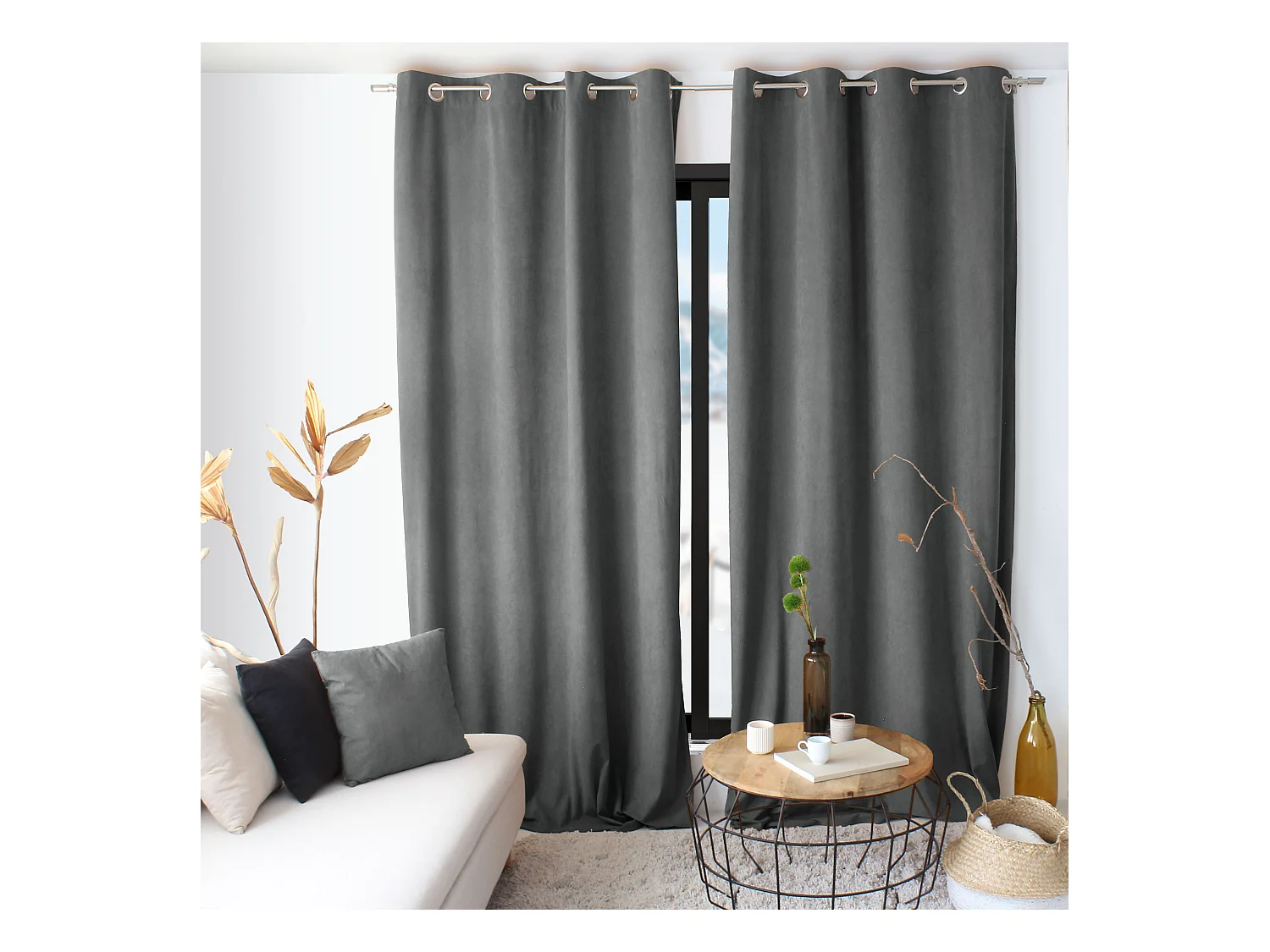 Lot de 2 Rideaux avec Œillets, Gris Foncé, Grande Hauteur, 140x260cm, Velours Ras, Collection Calin